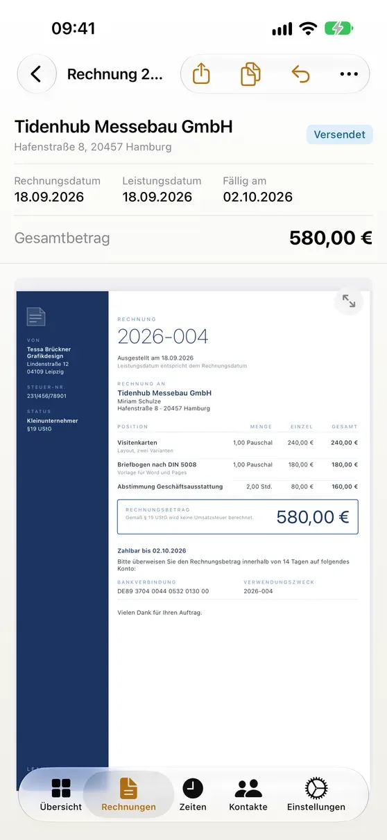 An invoice with its PDF preview in LeanInvoice on iPhone